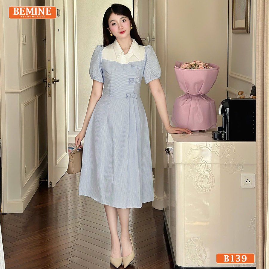 Chia Sẻ Cách Chọn Đầm Hoa Trung Niên Trẻ Trung Cho Các Chị Em Đầm thiết kế BEMINE Dáng Chữ A Công Sở Cổ Sơ Mi Sọc Nơ B139