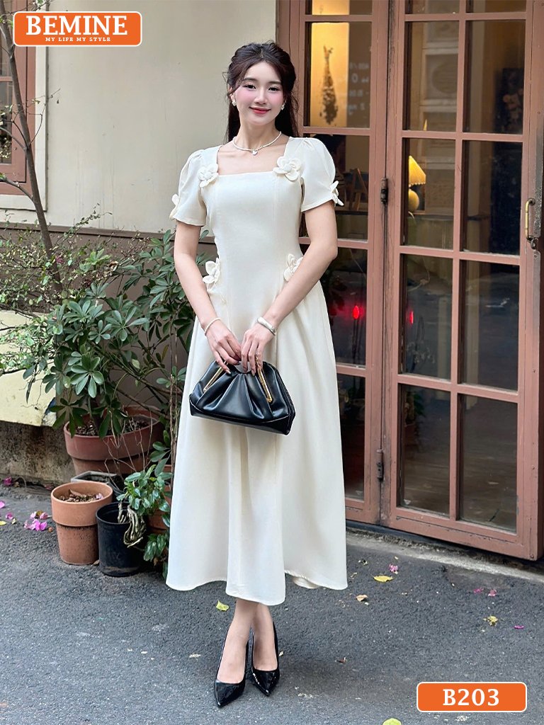 Chia Sẻ Cách Chọn Đầm Hoa Trung Niên Trẻ Trung Cho Các Chị Em Đầm thiết kế BEMINE Dáng Chữ A Đi Chơi Cổ Vuông Đính Hoa B203